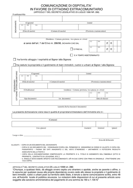 Уведомление принимающей стороны ospitalità: данные хозяина, гостя и адреса